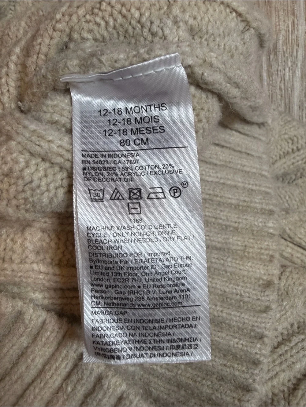 Baby Gap Cable Knit Sweater Beige 12-18M Bear Embroidery